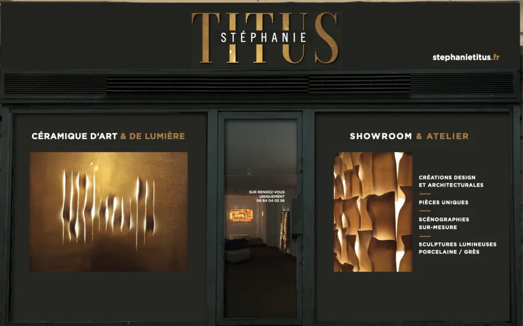Façade du showroom et de l’atelier Stéphanie Titus à Jacou, avec deux sculptures lumineuses exposées en vitrine.